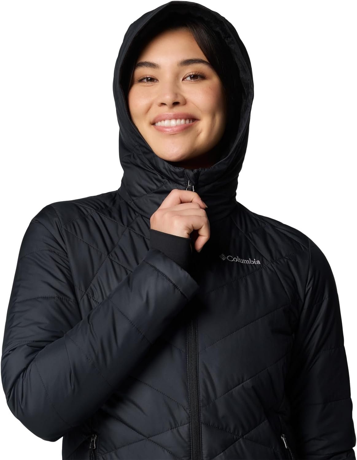 Columbia Womens Heavenly Hooded Jacket in black with thermal insulation Stylish winter down jacket for women, Columbia brand Warm women’s waterproof hooded jacket for everyday wear