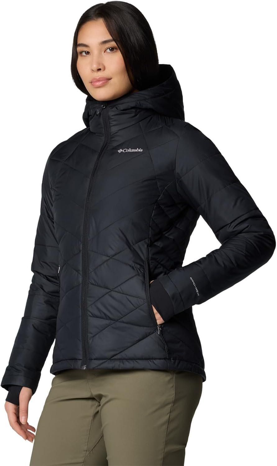 Columbia Womens Heavenly Hooded Jacket in black with thermal insulation Stylish winter down jacket for women, Columbia brand Warm women’s waterproof hooded jacket for everyday wear